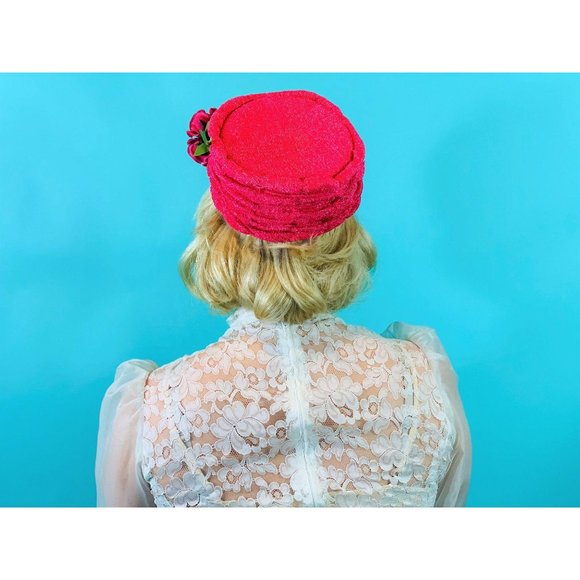 Vintage 1960s Pillbox Hat Hotpink Floral Round Hat main image 8